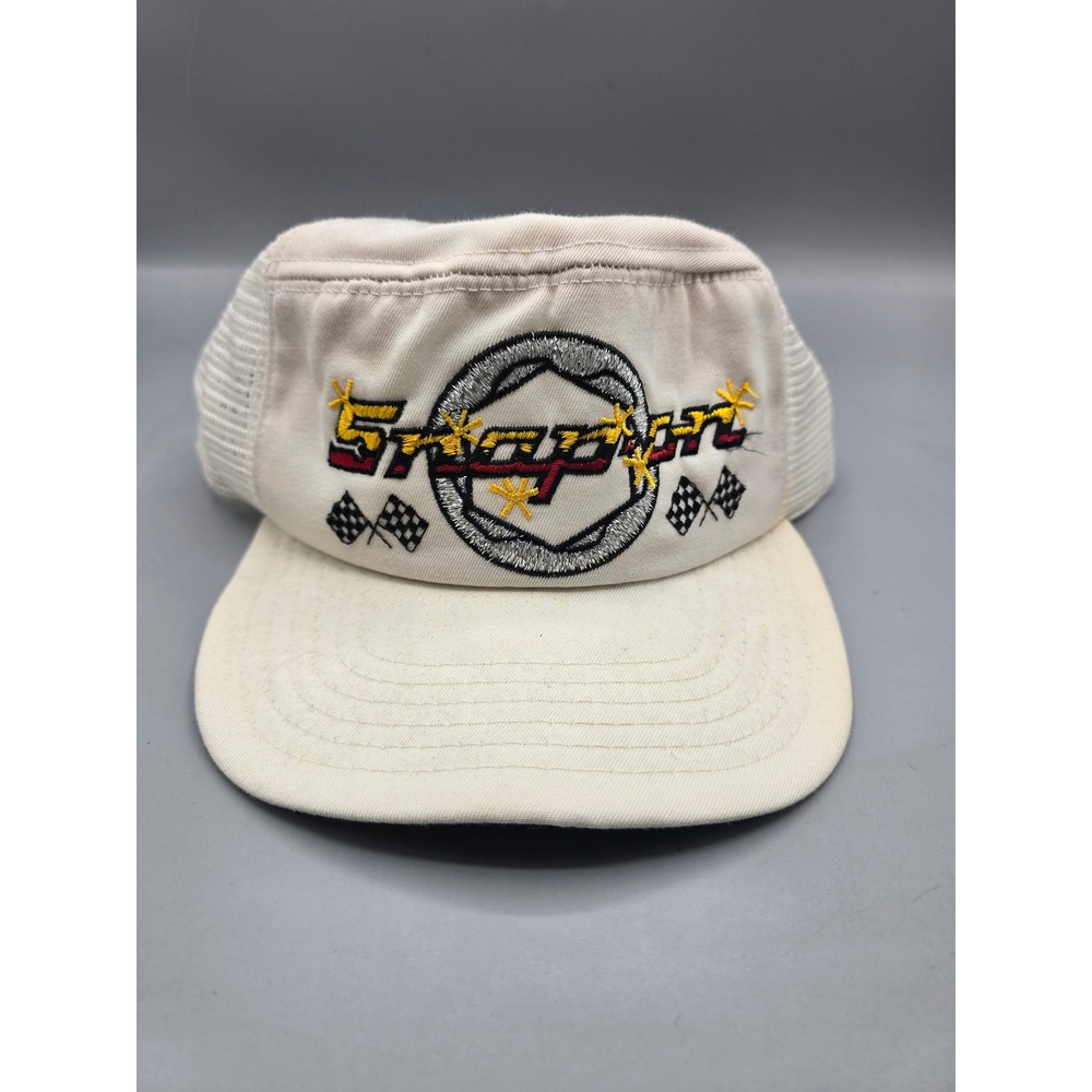 Vintage Snap-on‎ Tools Racing Trucker Hat Mesh Snapback Cream White Embroidered